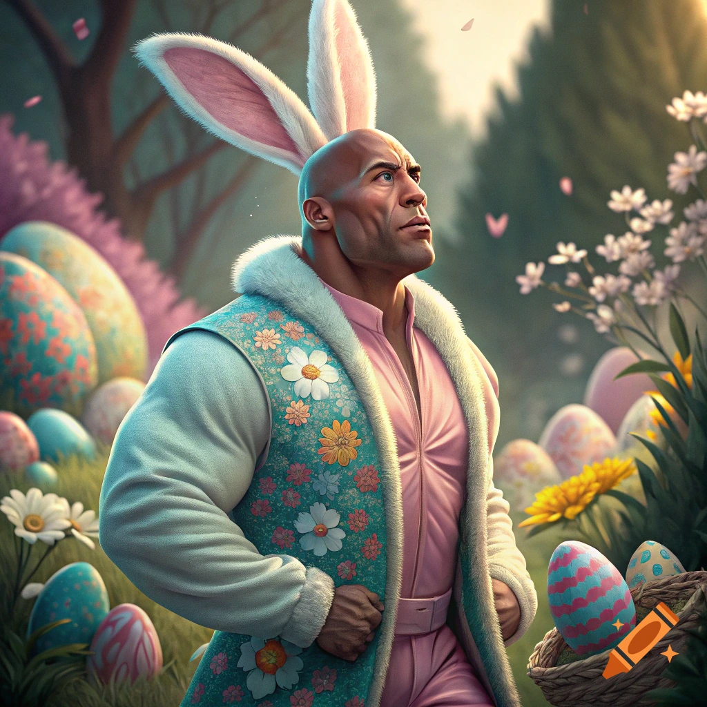 Dwayne 'The Rock' Johnson dressed as an Easter bunny with large ears and a floral vest stands in a field of decorated Easter eggs.