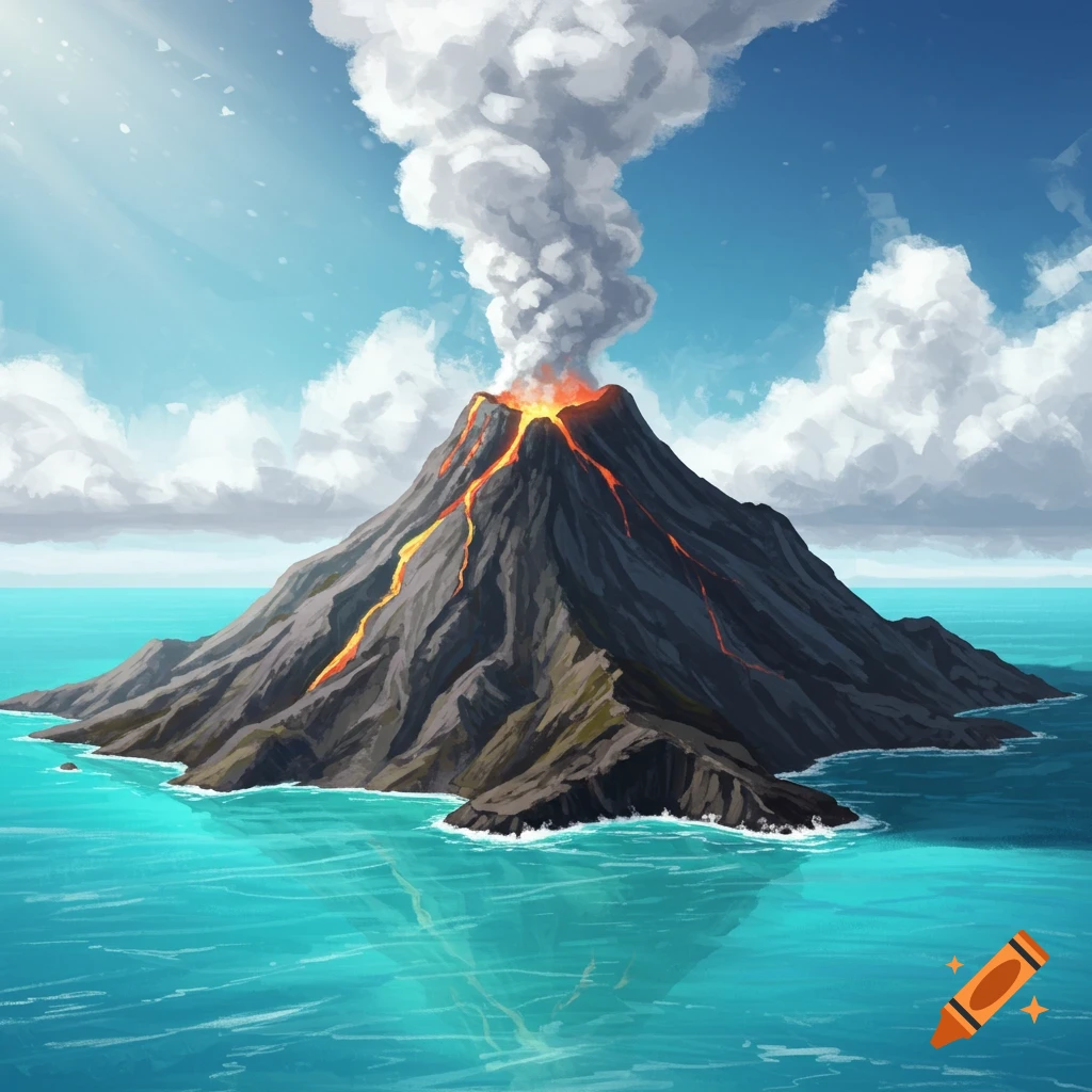 An erupting volcano on a rocky island in a turquoise sea under a blue sky with clouds.