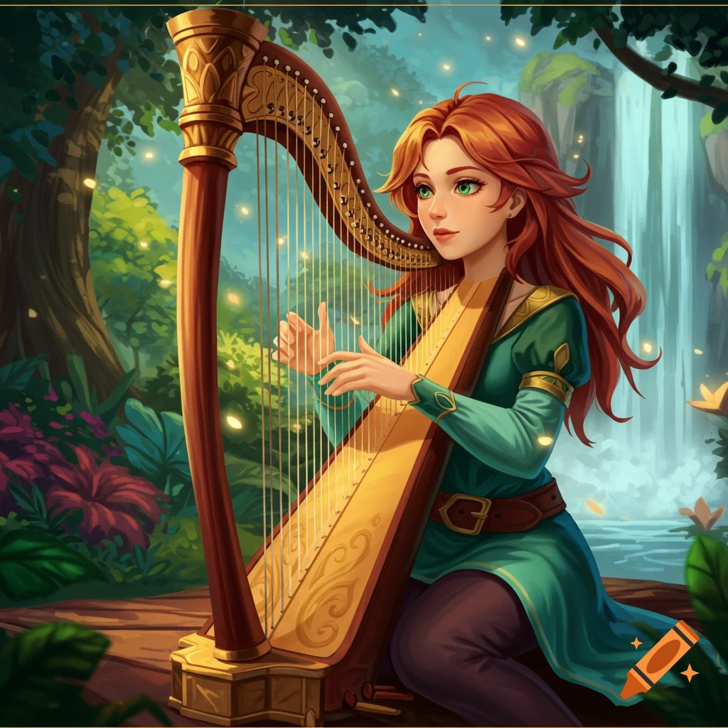 A red-haired woman plays a golden harp in a magical forest by a waterfall. Illustrated fantasy art style.