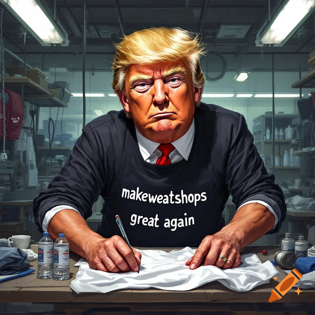 Figure resembling Donald Trump writing on cloth in a workshop, wearing a shirt that says 'makeweatshops great again'.