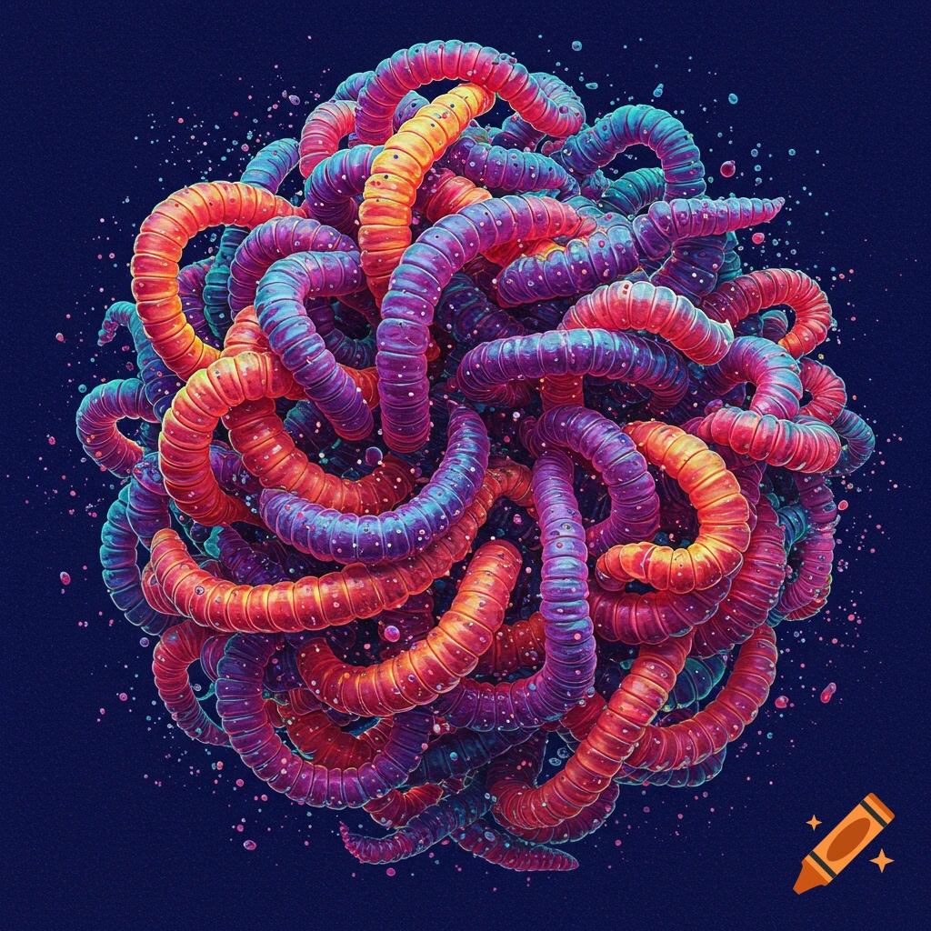 A spherical mass of colorful, intertwined tubes on a dark blue background with speckles.