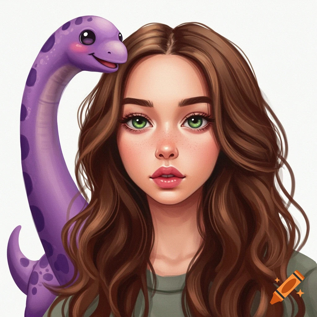A stylized illustration of a girl with brown hair and green eyes next to a cute purple dinosaur.