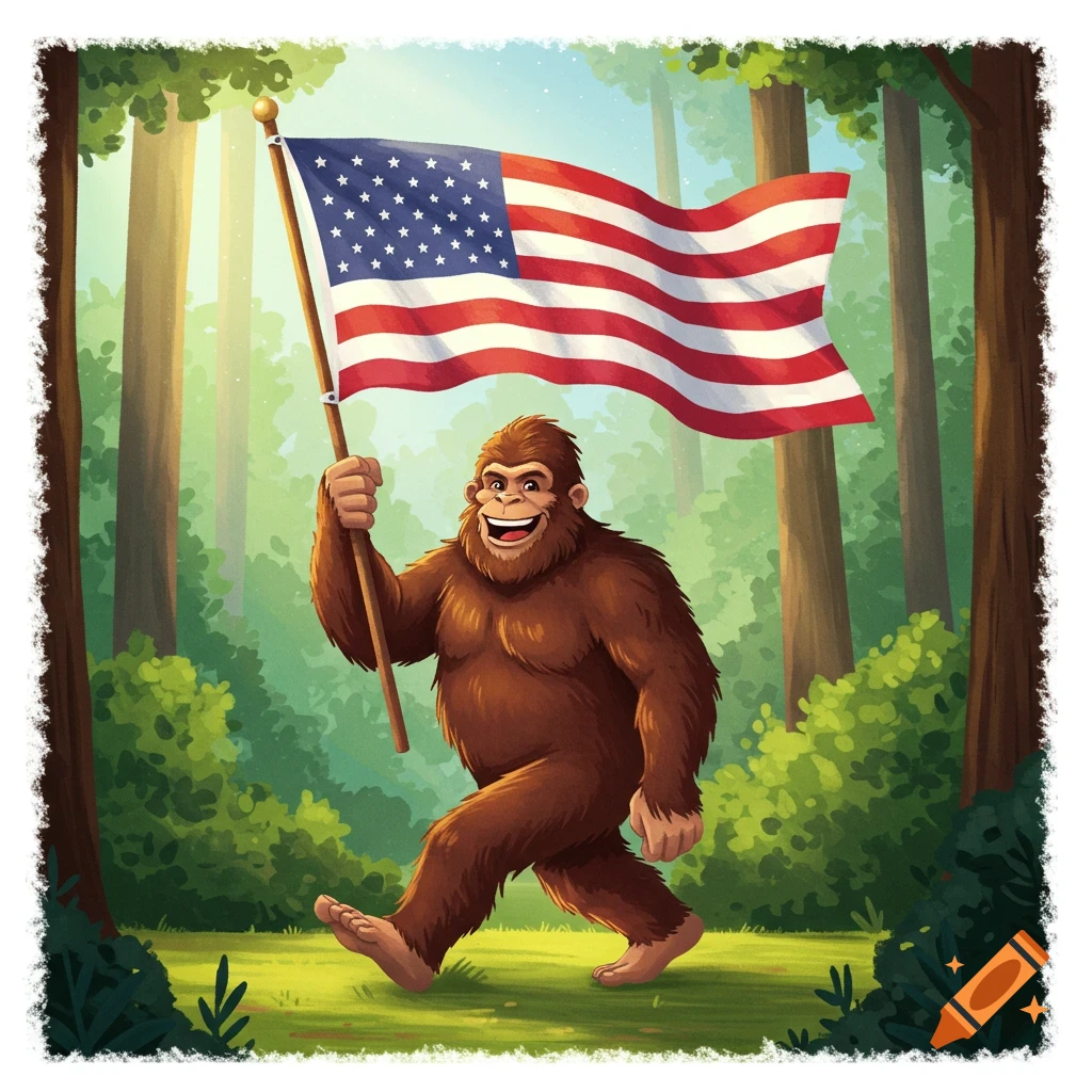 A happy cartoon Bigfoot marches through a forest, holding a large American flag.