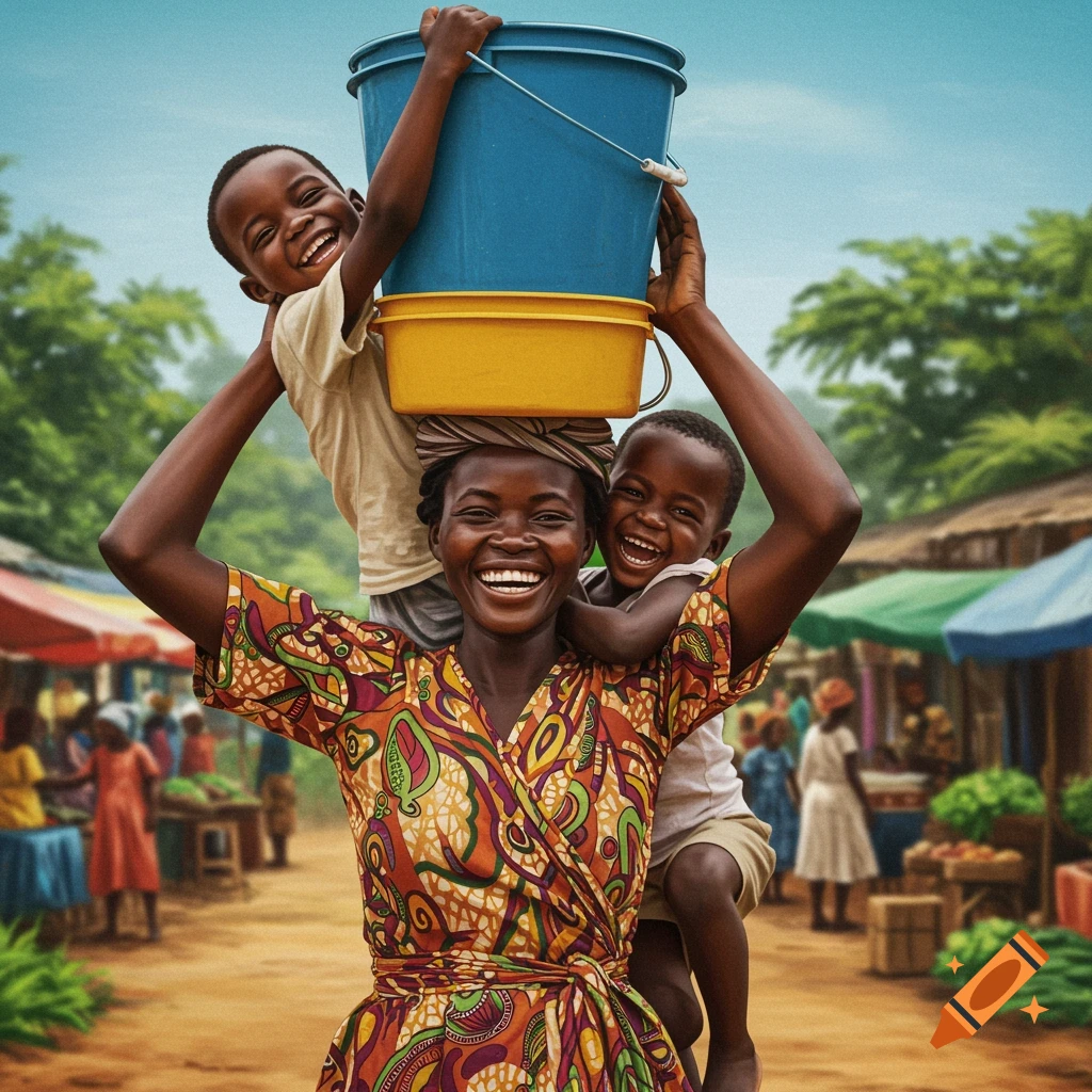 A woman carries a blue bucket and yellow basin on her head with two laughing children piggybacking as they walk through a lively market.