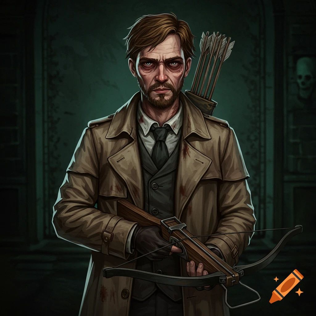 Illustration of a man in a trench coat holding a crossbow, with bloodstains and dark circles under his eyes.