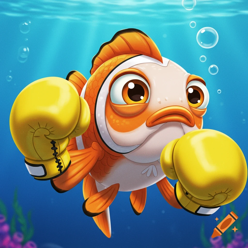 A cartoon fish wearing yellow boxing gloves underwater.