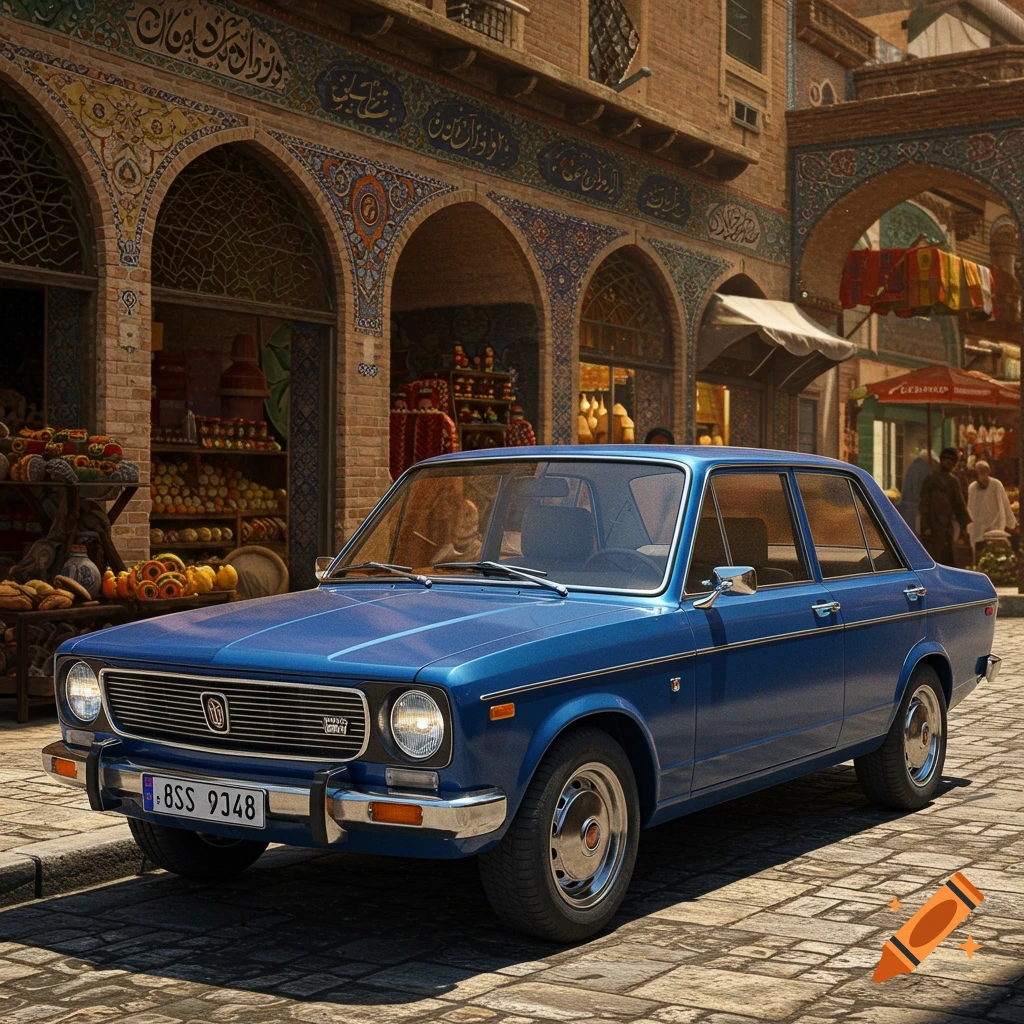 A blue car parked on a cobblestone street in front of a building with arched doorways and decorative tile work.