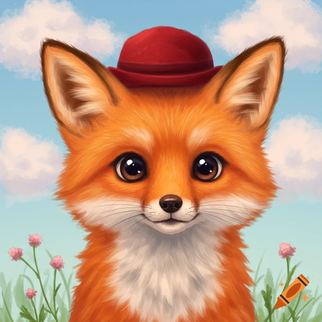 A cute fox wearing a red hat in a field with flowers and clouds.