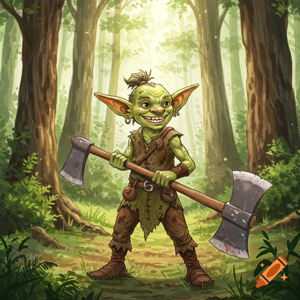 A watercolor painting of a green goblin holding a large axe in a forest.