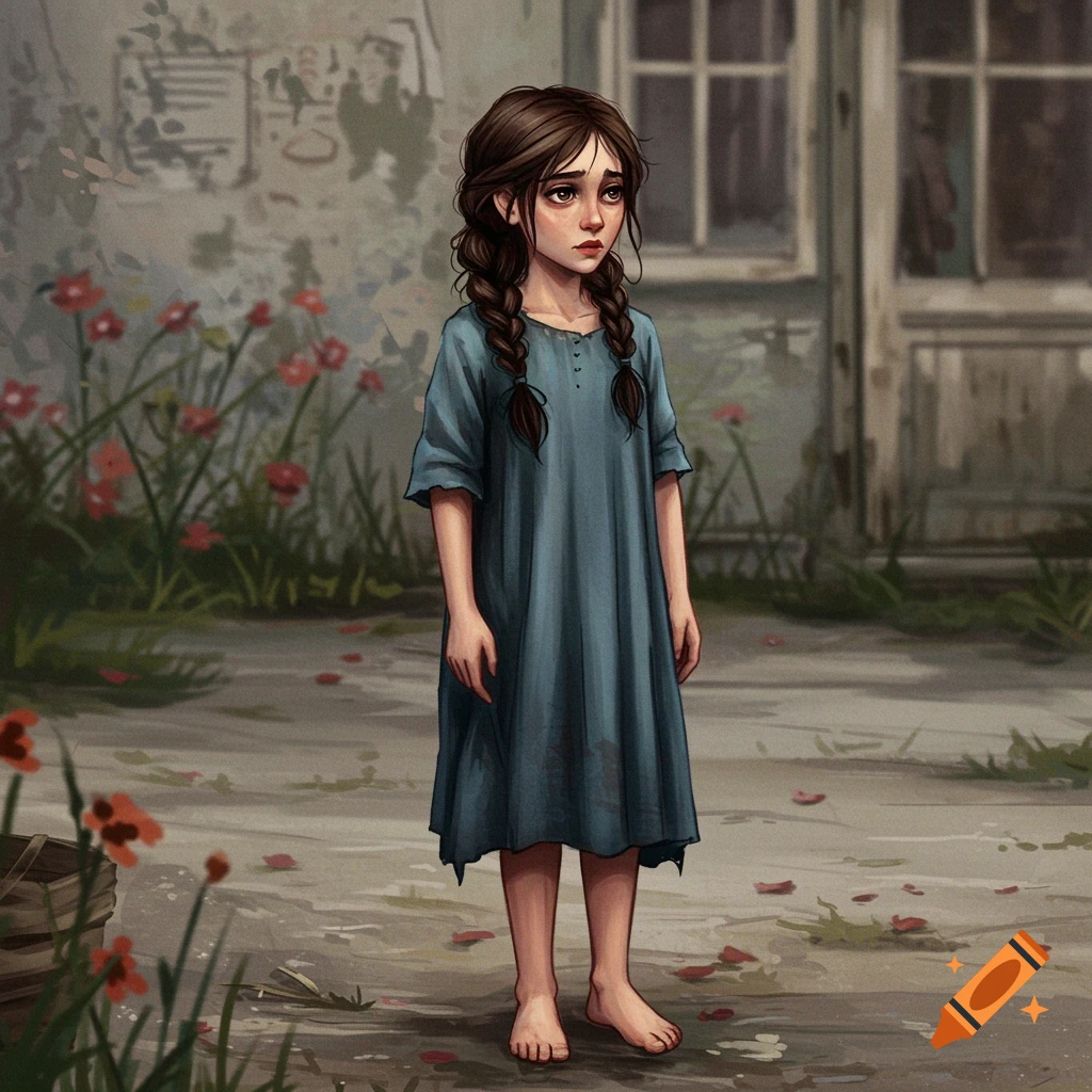 Illustration of a sad-looking young girl with braided hair in a blue dress, standing barefoot outside a distressed building with flowers.