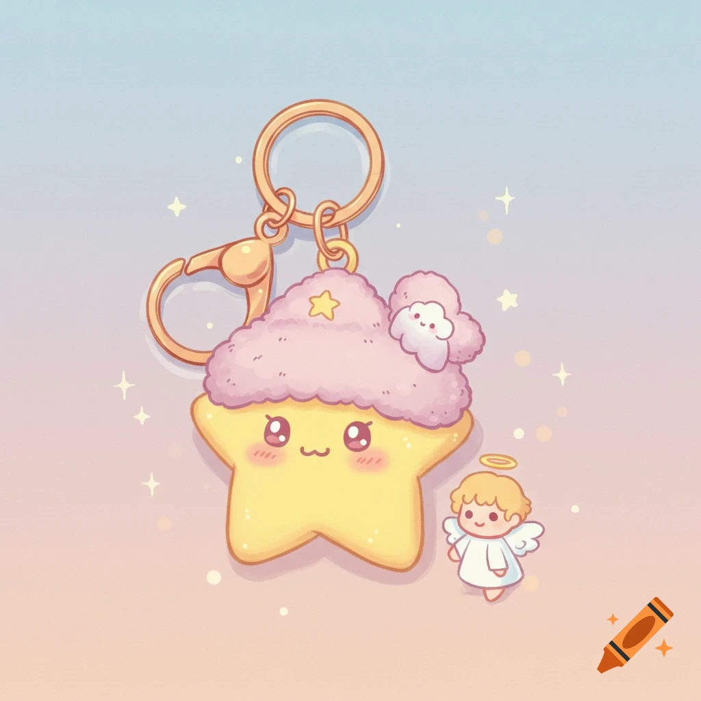 A cute star keychain with a pink fluffy hat and a small angel character, in a pastel illustration.