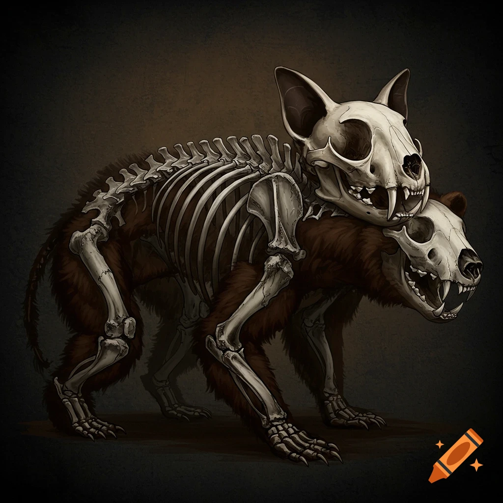 Illustration of a creature with a skeleton, a bear body, and a cat skull.