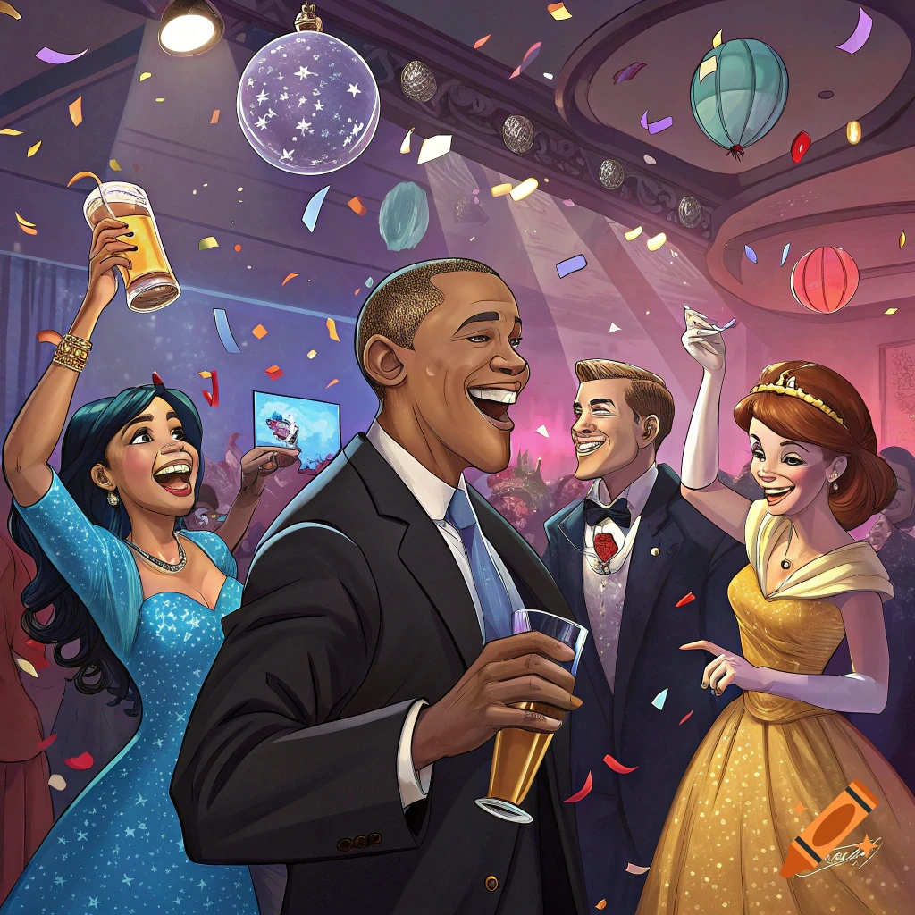 Barack Obama, a woman resembling Belle, and others attend a lively party with confetti and drinks, in a cartoon style.