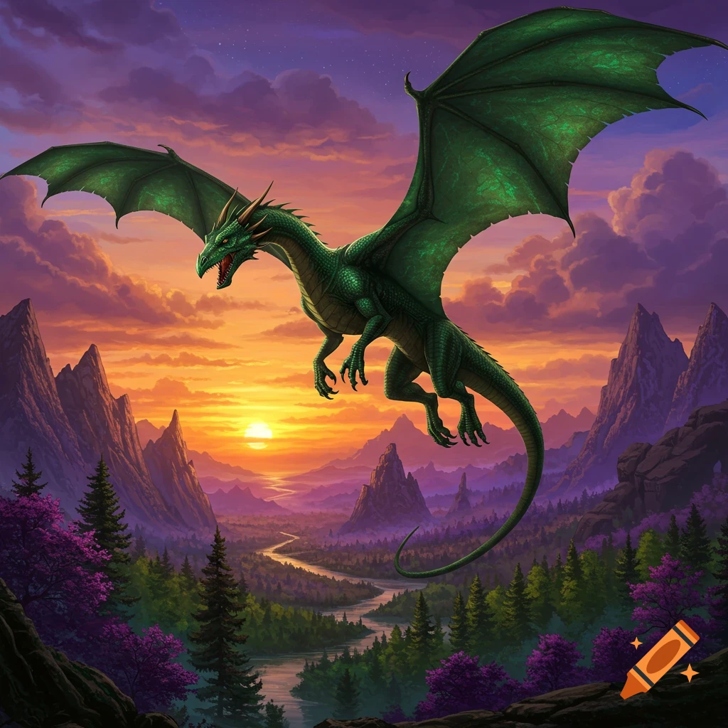 A green dragon flies over a mountainous valley during sunset in a fantasy illustration.