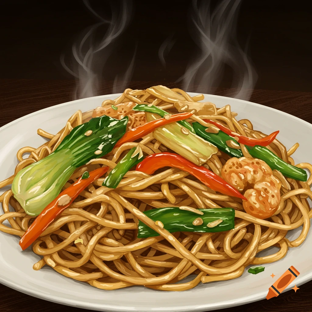 Illustrated plate of steaming chow mein noodles with vegetables and shrimp
