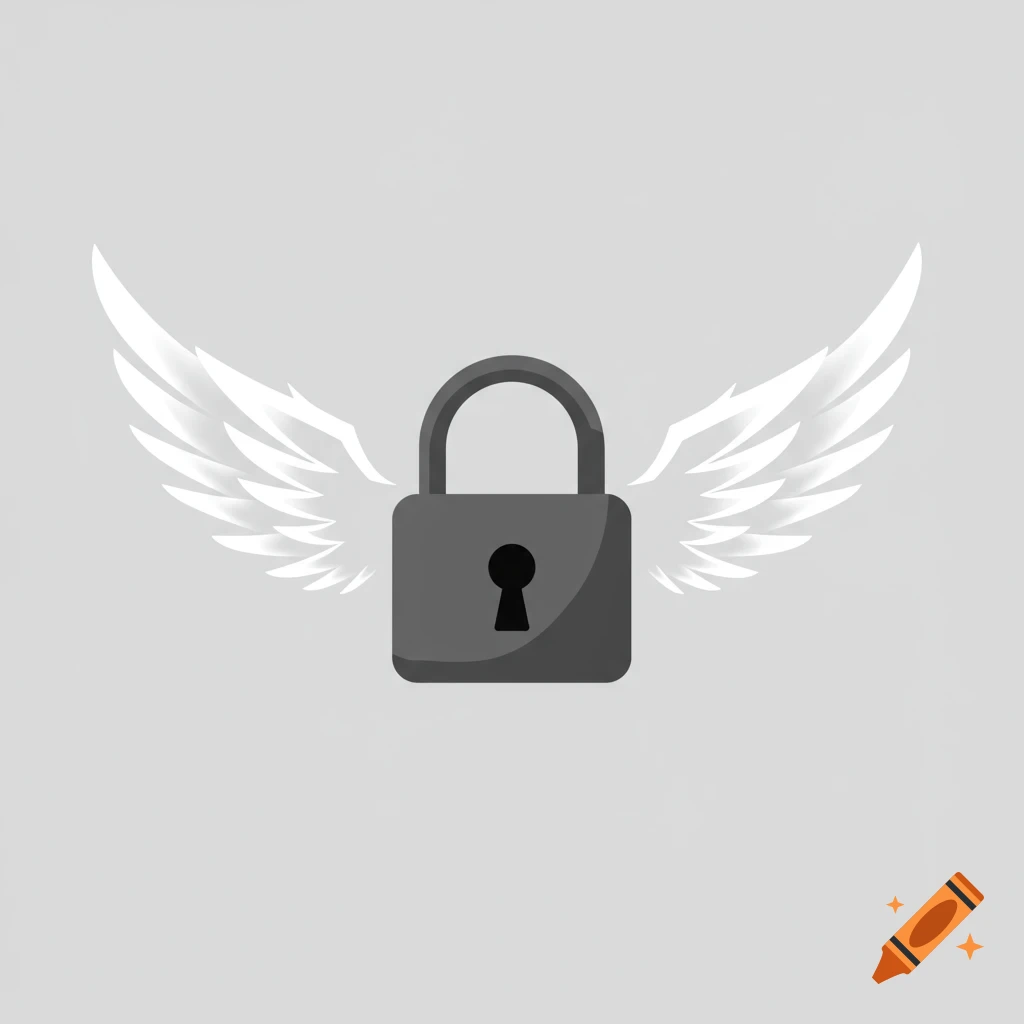 Graphic icon of a grey padlock with white wings