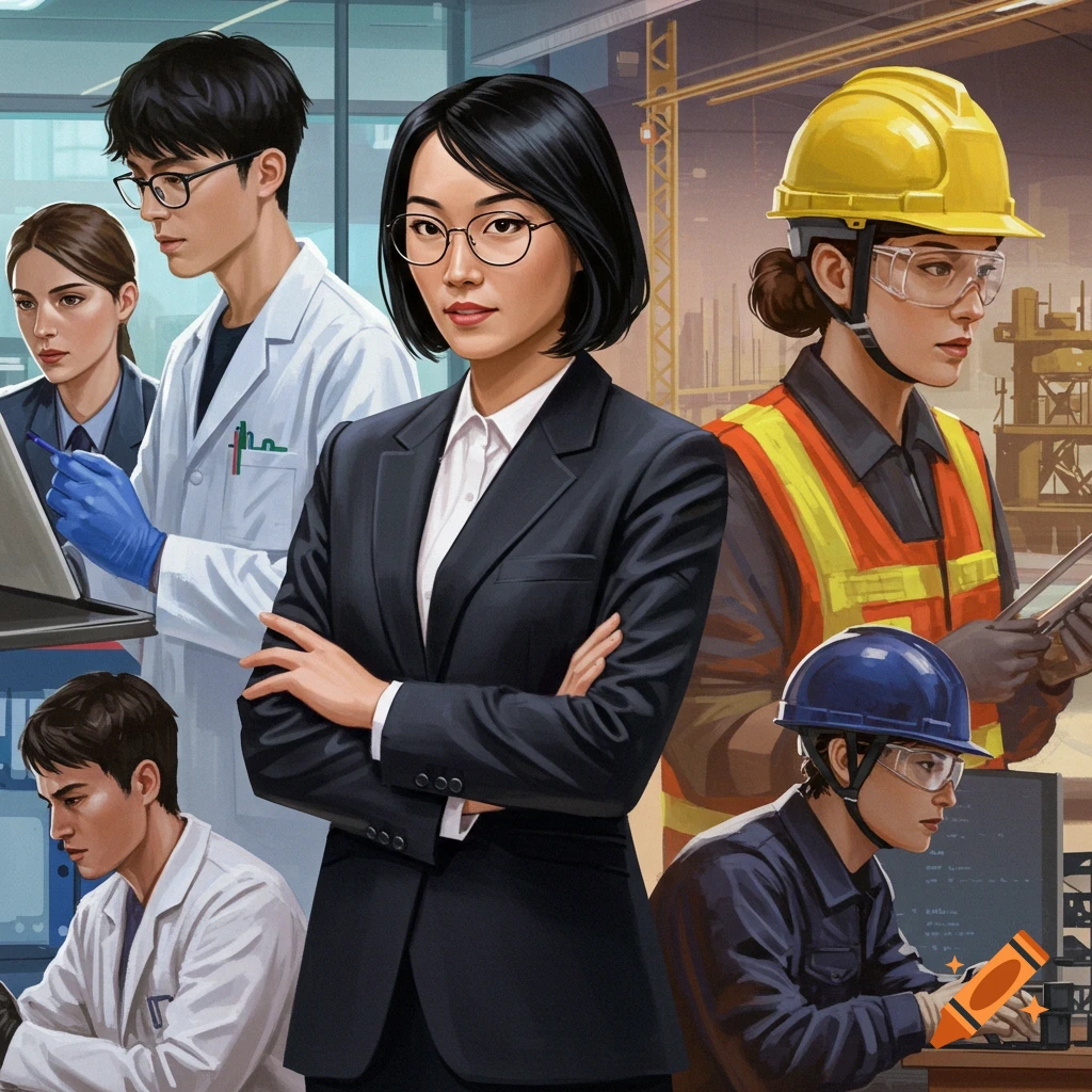 Illustration of diverse people in various professional careers including business, science, and construction.