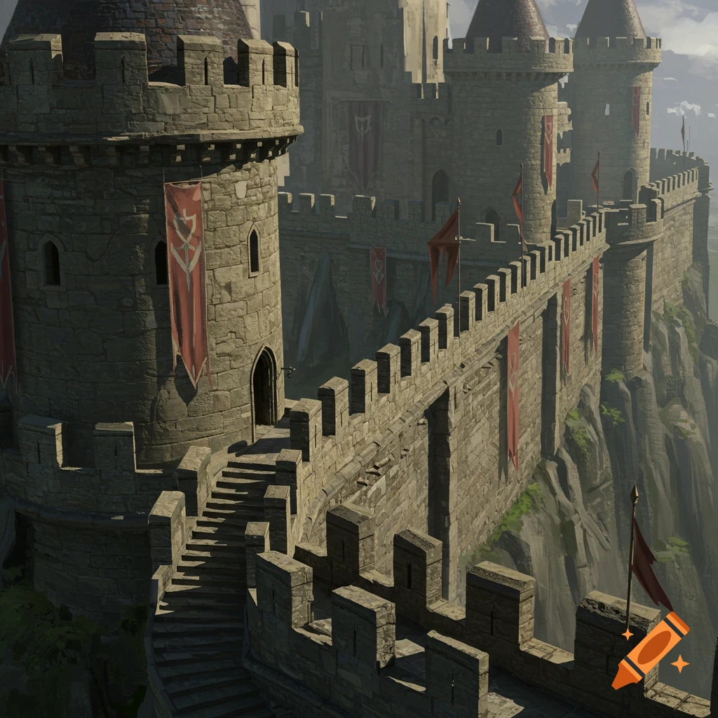 Detailed view of a medieval castle wall on a cliff with banners and stairs.