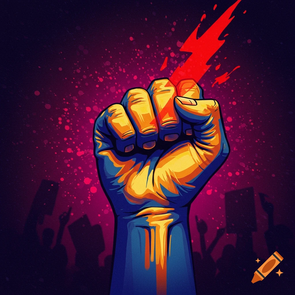 Stylized illustration of a raised fist against a splattered background with a lightning bolt and crowd silhouettes.