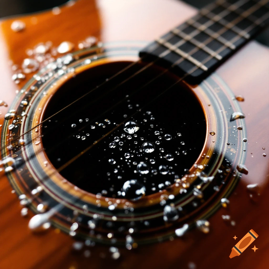 Close up view of a classical guitar with water droplets on the soundhole and body.