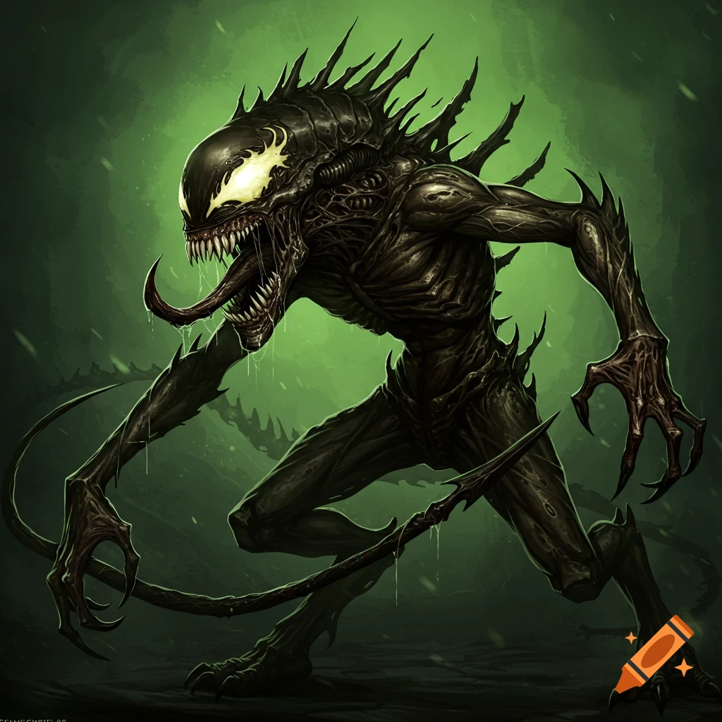 Illustration of a monstrous black creature with glowing eyes, sharp teeth, and spikes against a green background.