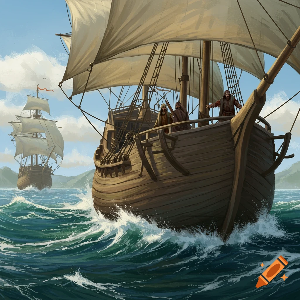 Two large sailing ships on a rough sea under a partly cloudy sky. Three figures on the deck of the foreground ship. Illustration.