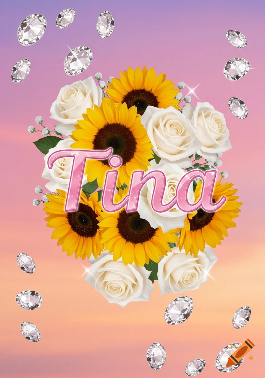 Bouquet of sunflowers and white roses with 'Tina' in pink sparkling text and floating diamonds.