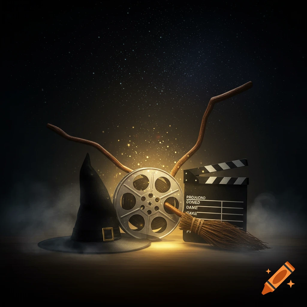 A witch's hat, film reel, clapboard, and broomstick glow under a starlit sky.