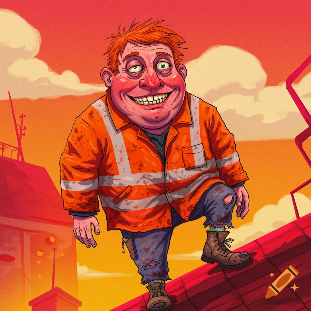 Cartoon illustration of a disheveled roofer on a red roof.
