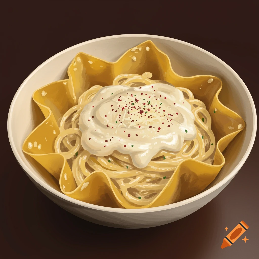 Spaghetti with alfredo sauce in a bowl shaped like a large pasta shell.