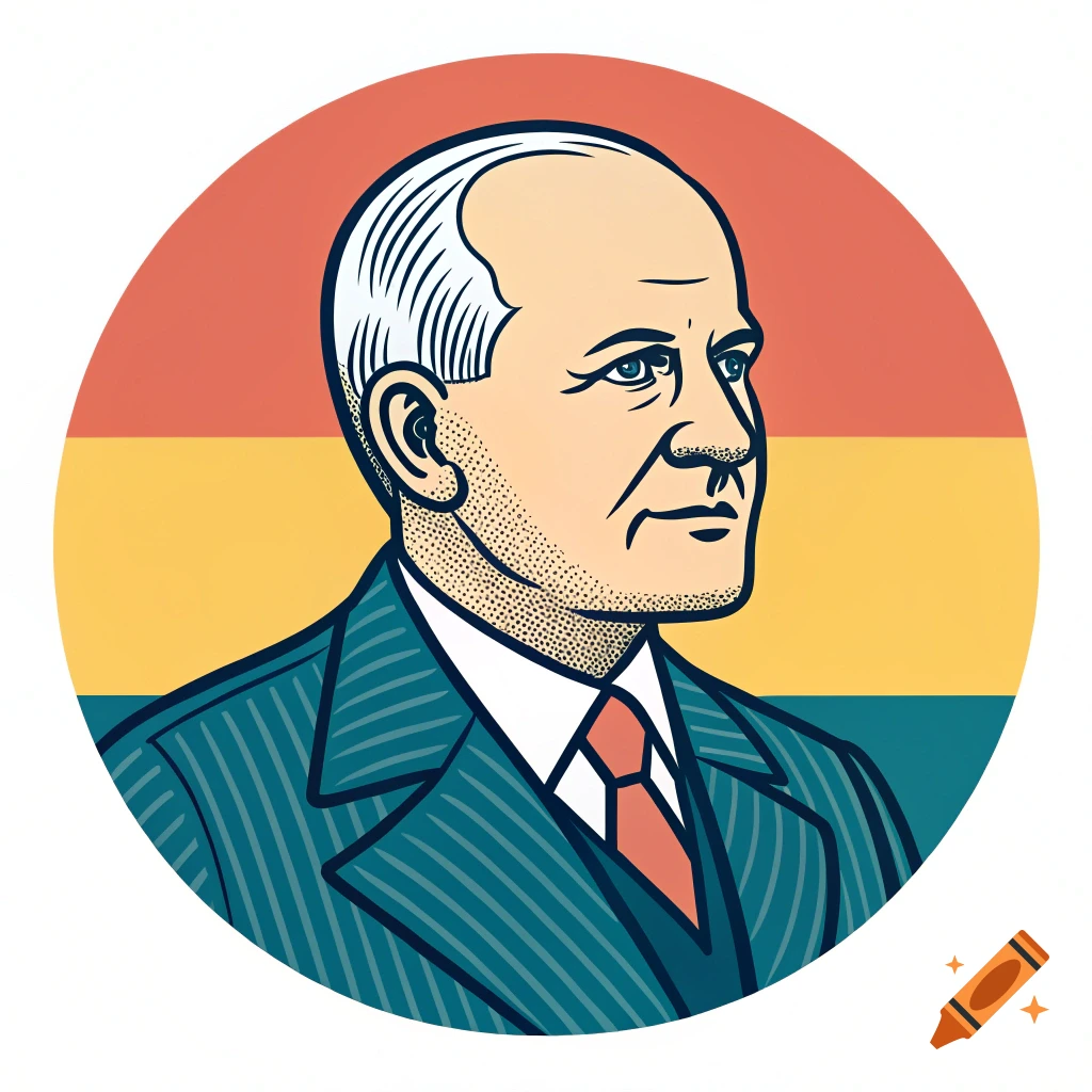 Minimalist cartoon icon of a man in a suit against a striped background.