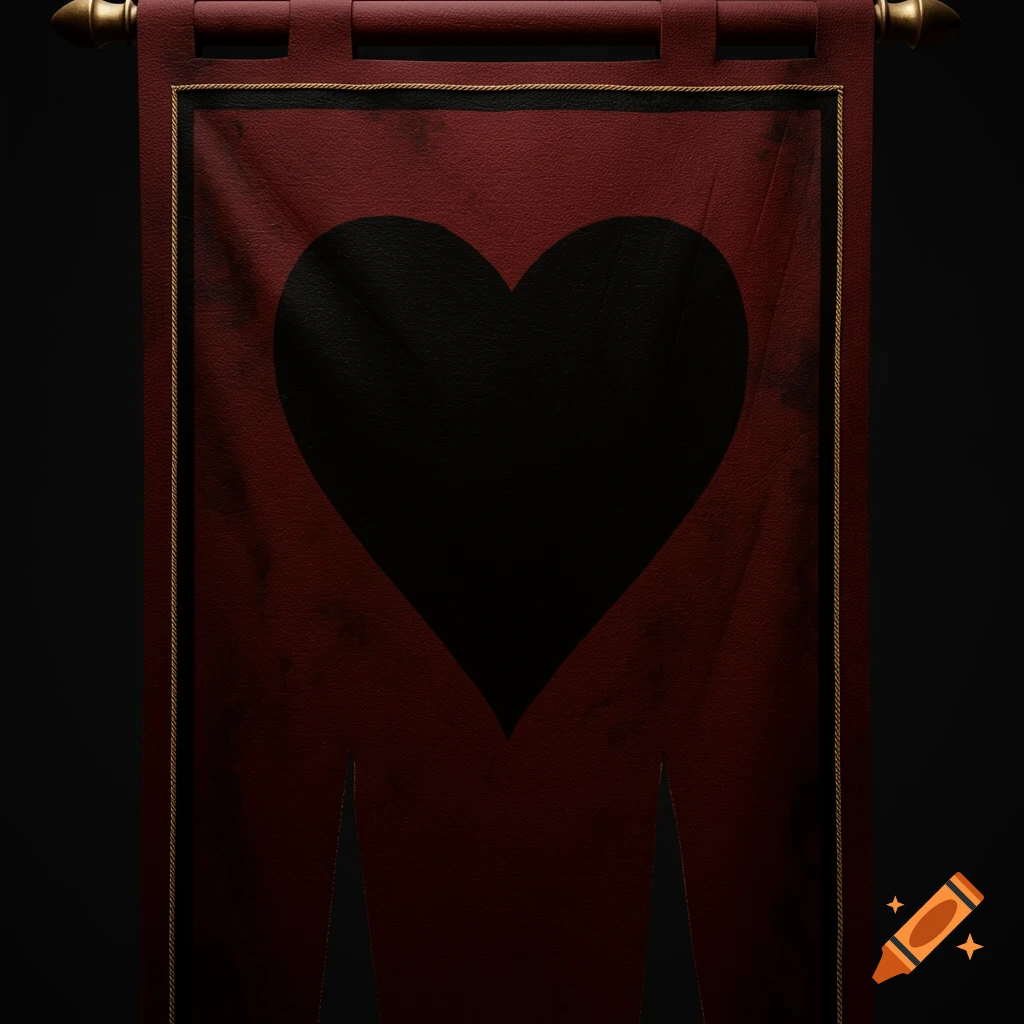 Dark red fantasy banner with a black heart symbol and gold trim