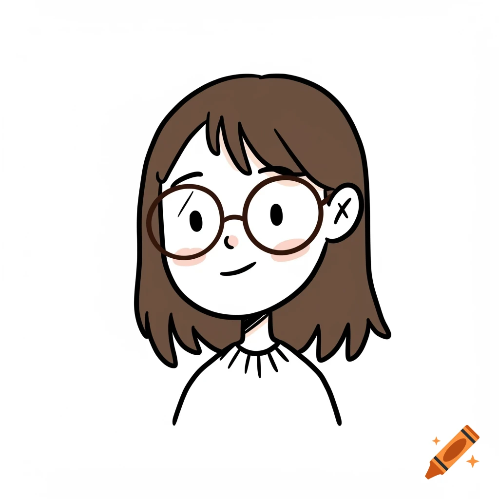 A simple doodle illustration of a girl with brown hair and round glasses.