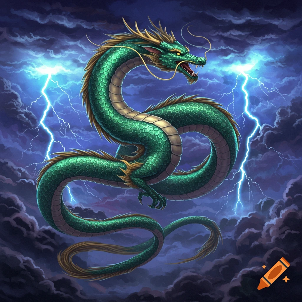 Shimmering green Chinese dragon flying through lightning-filled clouds ...