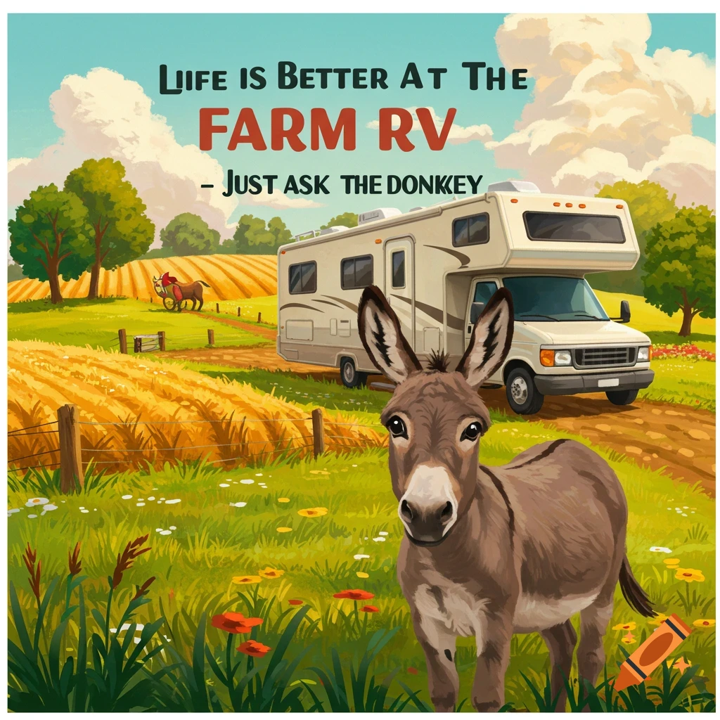 Illustration of a donkey in a farm field with an RV and text 'Life is Better At The Farm RV - Just Ask The Donkey'.