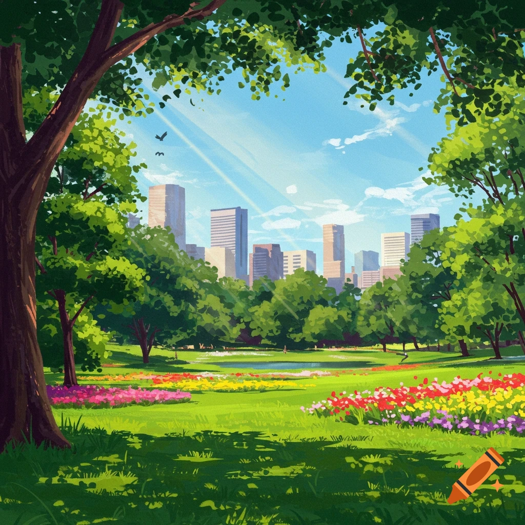 Illustration of a vibrant park with colorful flowers, trees, a pond, and a city skyline under a sunny sky.