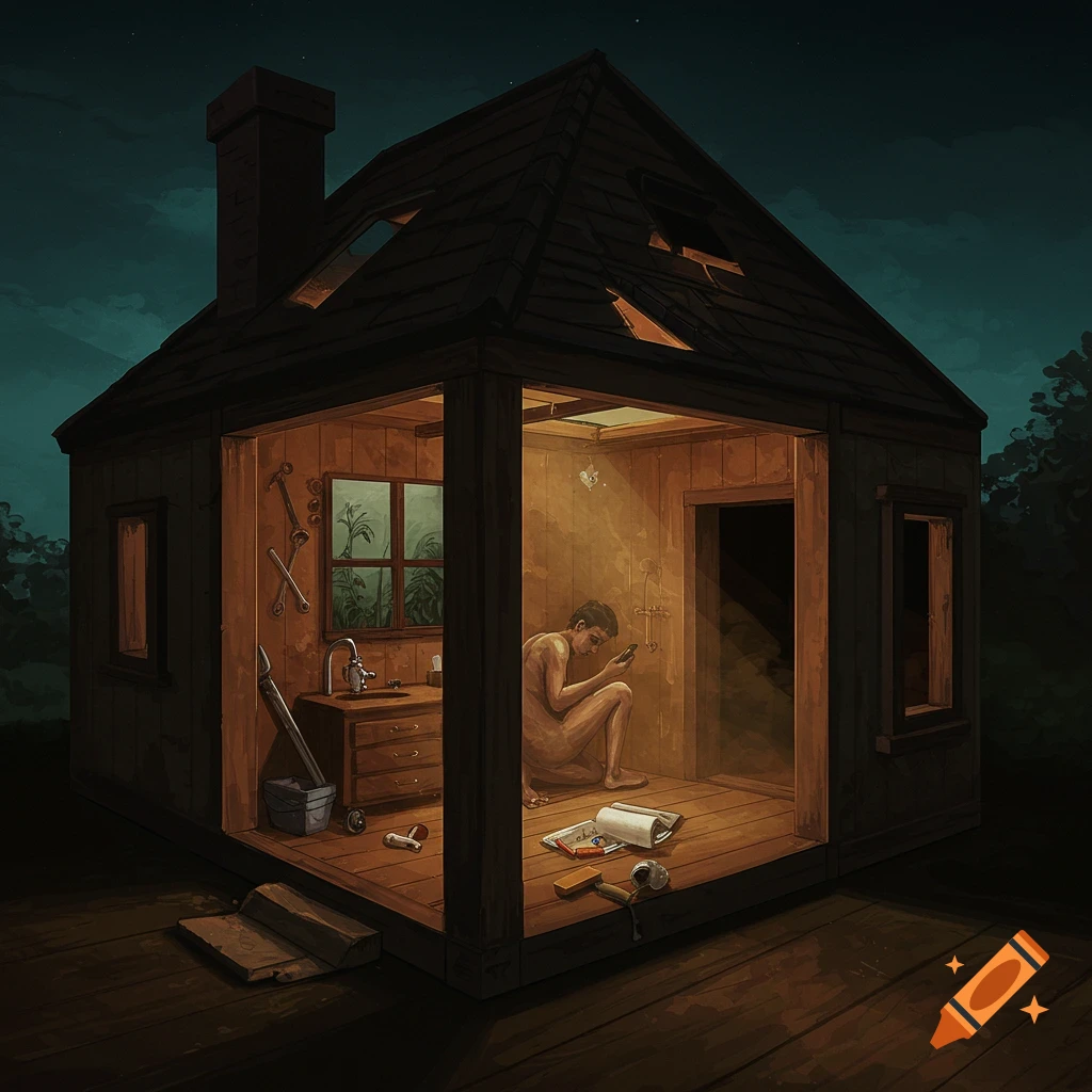 Illustration of a cross-section of a small house at night, showing a person sitting inside looking at a phone, surrounded by scattered tools.