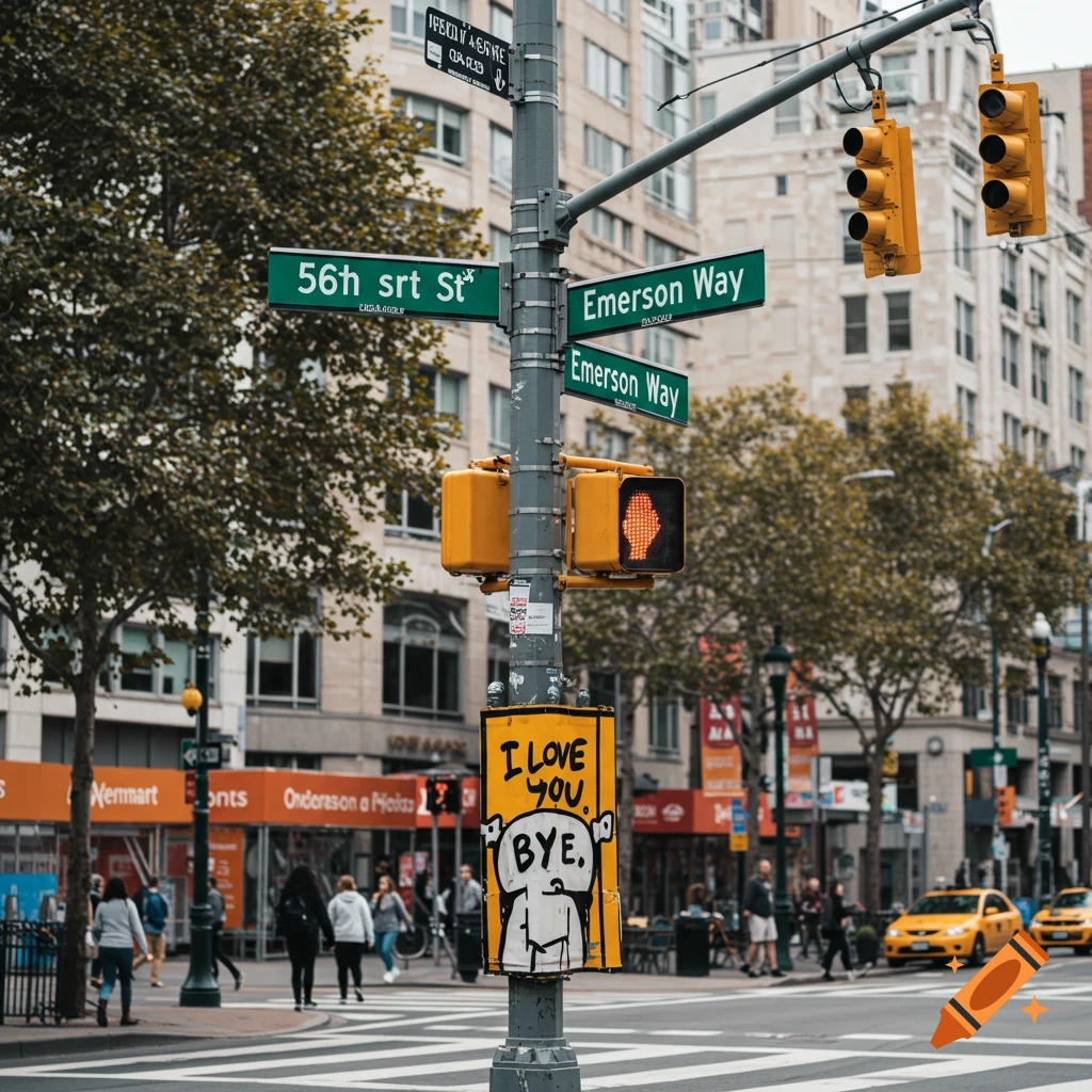 Street corner with street signs, traffic lights, graffiti sign, and people walking