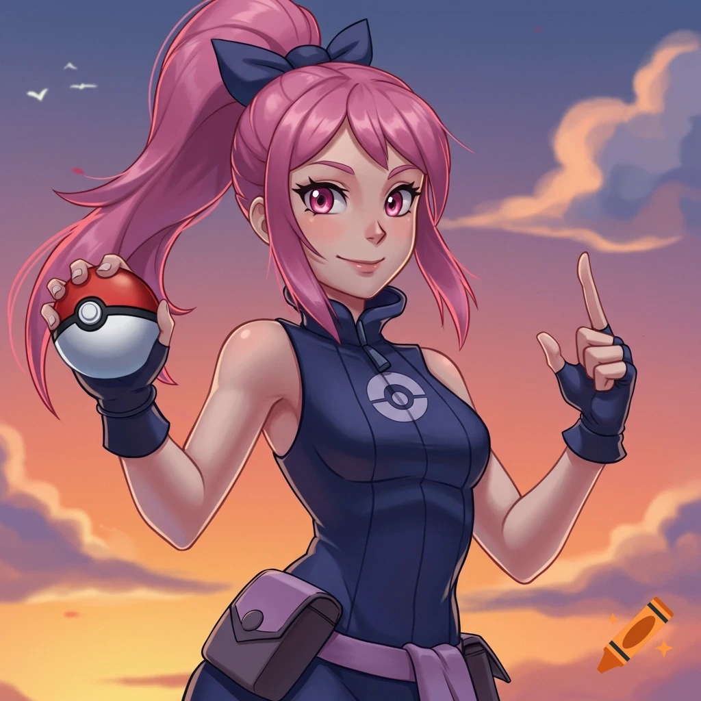 Anime illustration of a young woman with pink hair holding a Pokeball against a sunset sky.