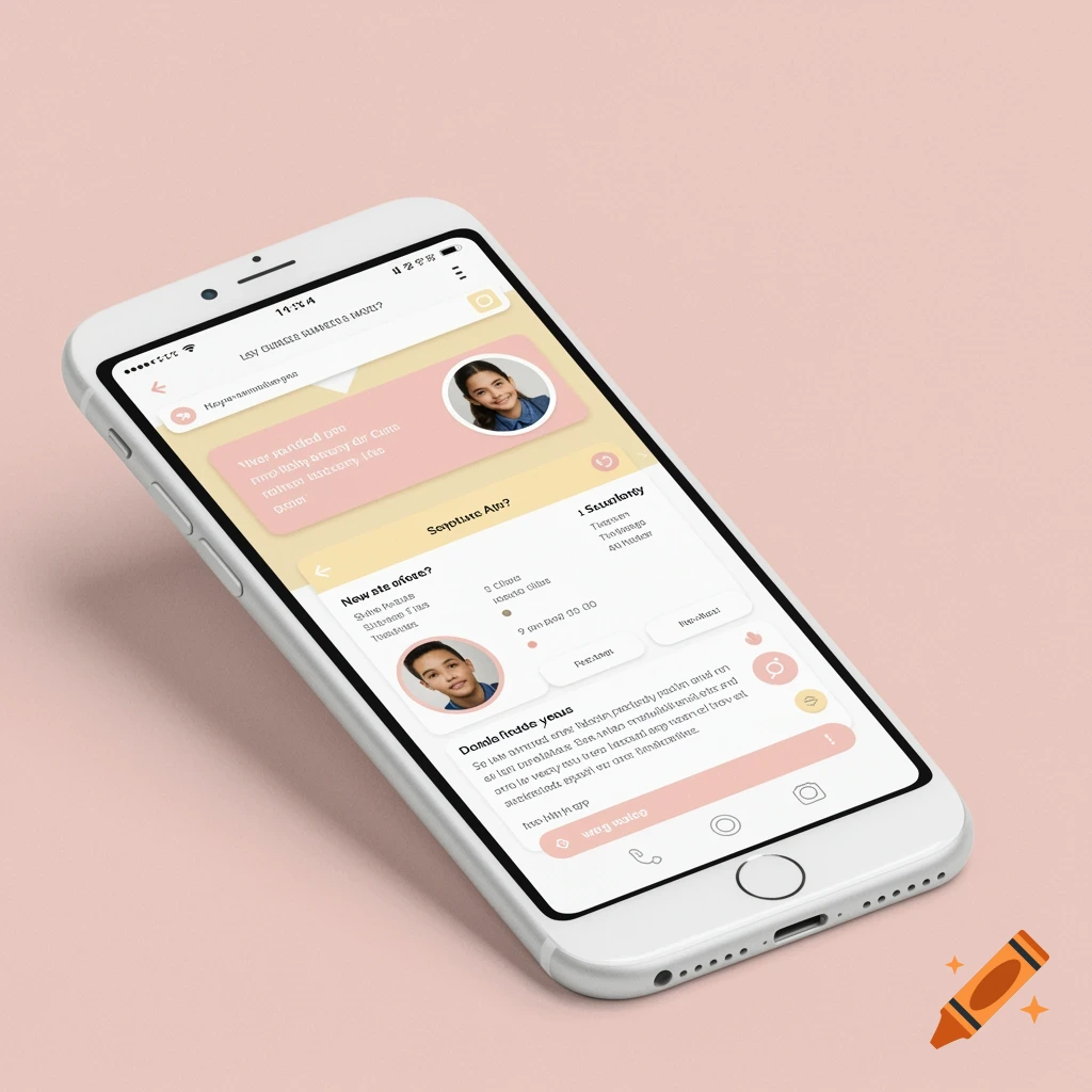 White smartphone displaying a social media app interface with profiles of children and text elements.