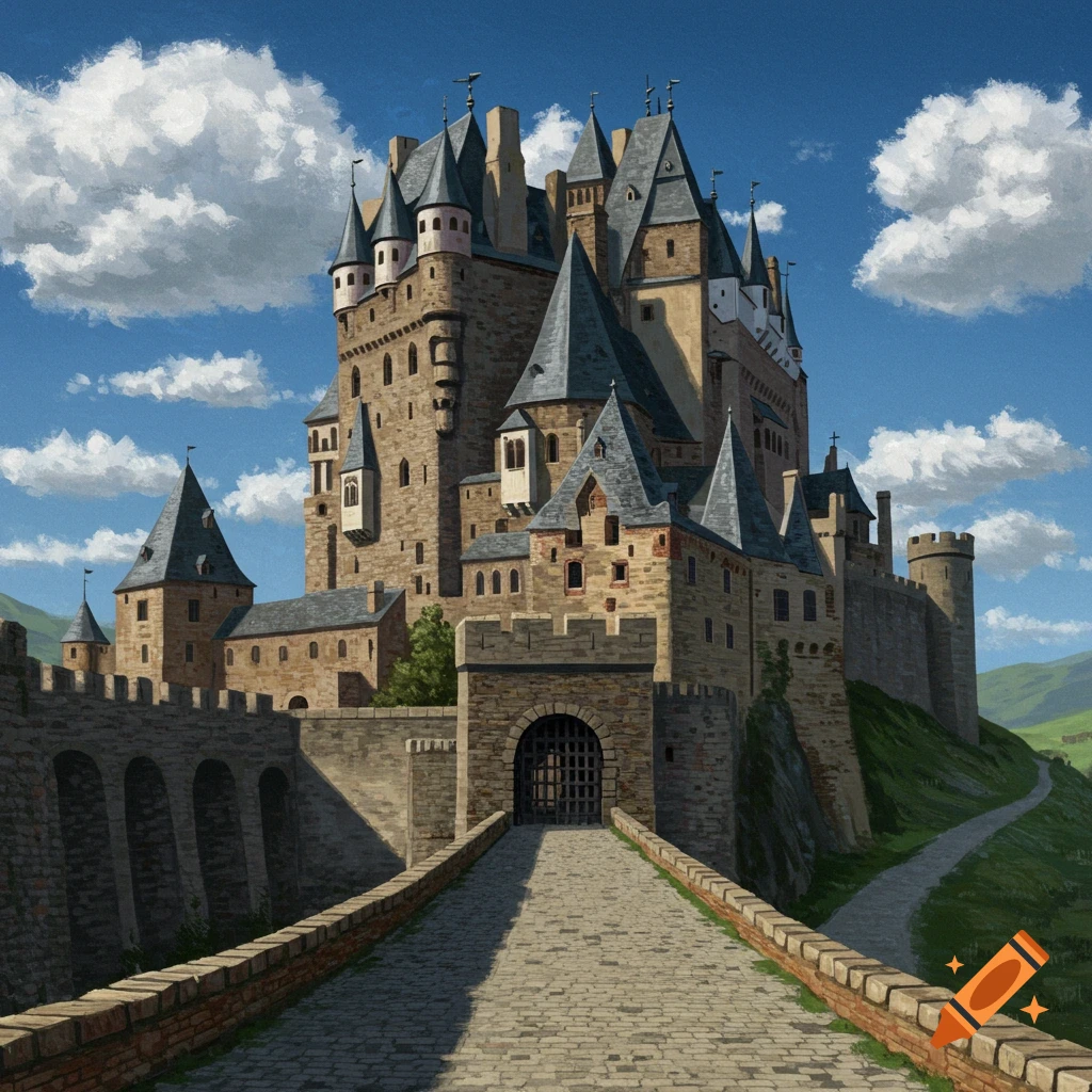 A large medieval castle with towers, walls, and a paved path under a blue sky with clouds.