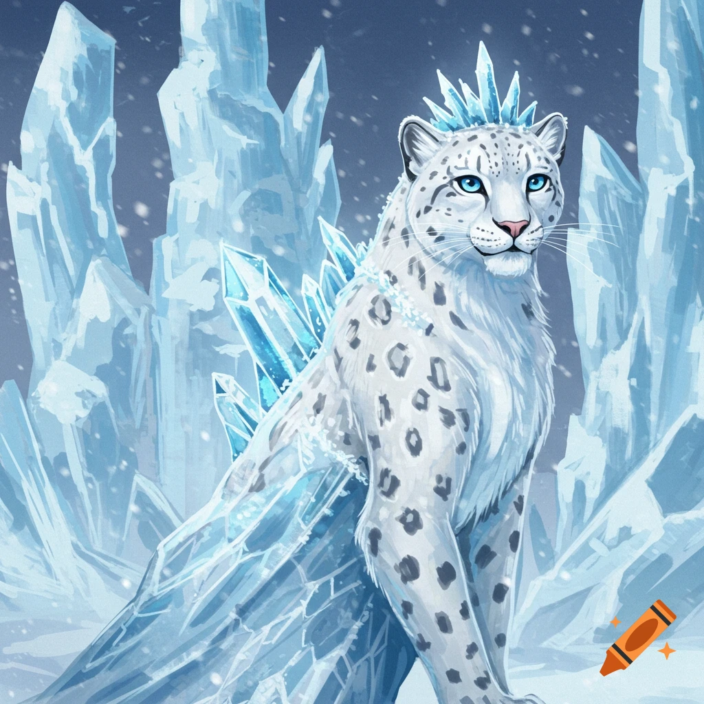 A fantasy snow leopard with ice crystals on its back and head sits among large ice formations.