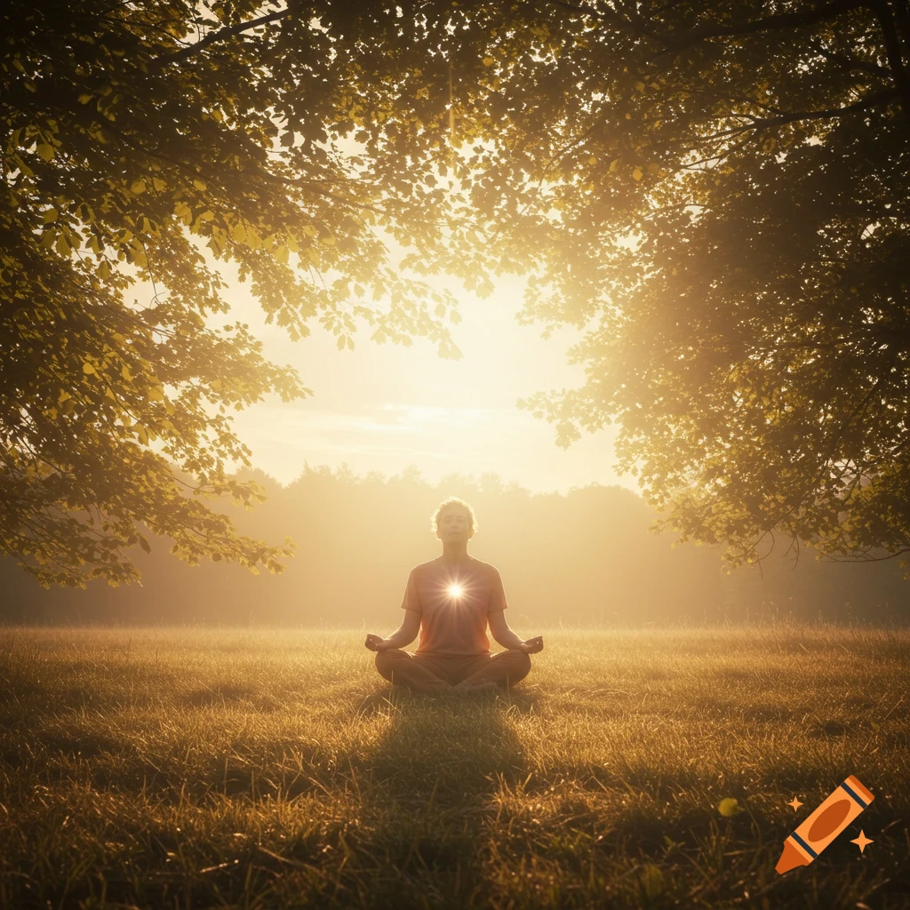 Person meditating in a field at sunset with a glow from their chest.