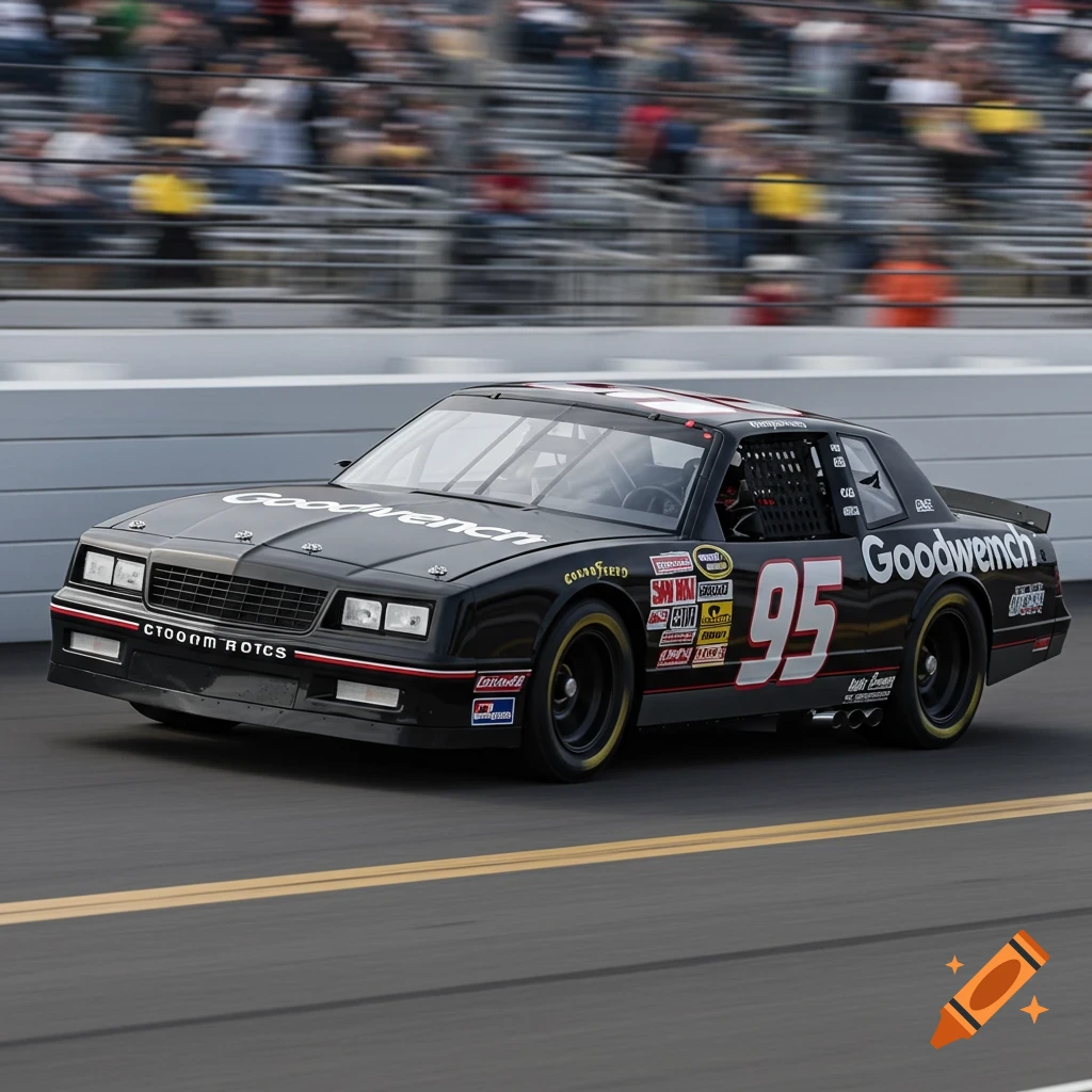 A black #95 Goodwrench race car speeds down a track during a race.