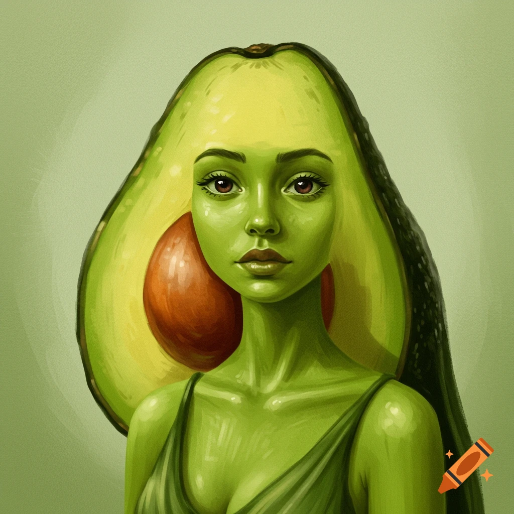Painting of a woman with skin and hair like an avocado, with a large pit behind her head