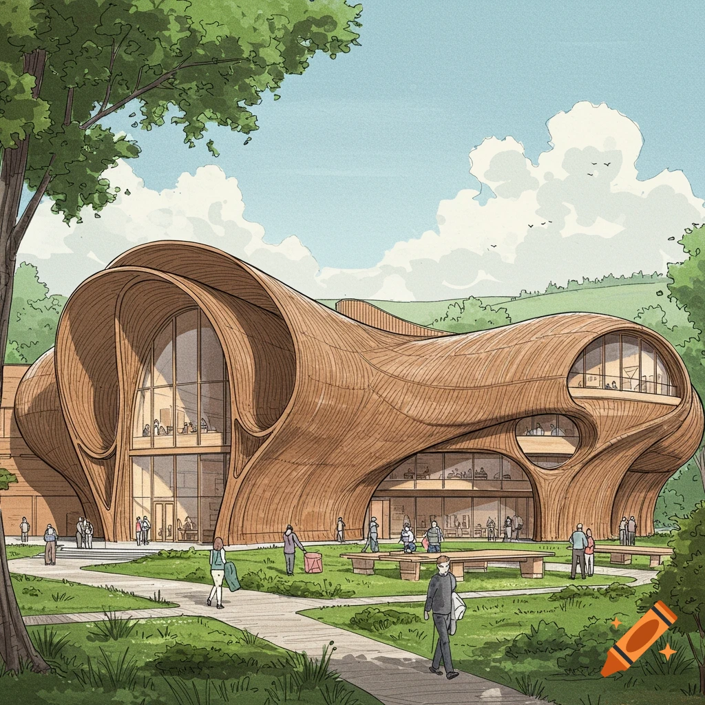 Illustration of an organic, flowing modern wooden building in a park-like setting with people.