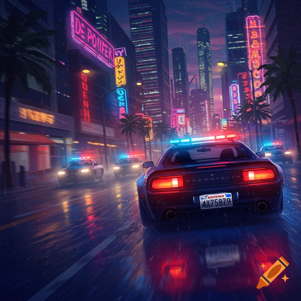 Police cars chase through a rainy neon-lit city at night.
