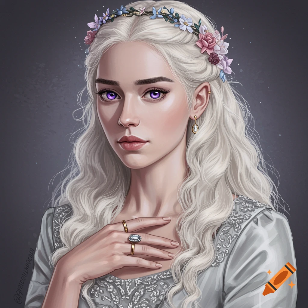 Portrait of a woman with long silver hair, violet eyes, and a flower crown, wearing a grey dress.