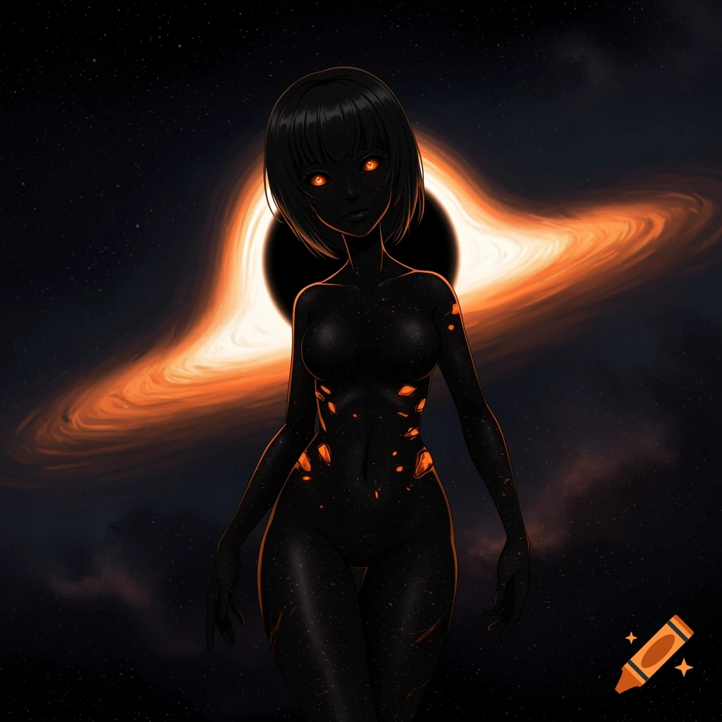 Anime woman with glowing orange highlights stands before a black hole in space.