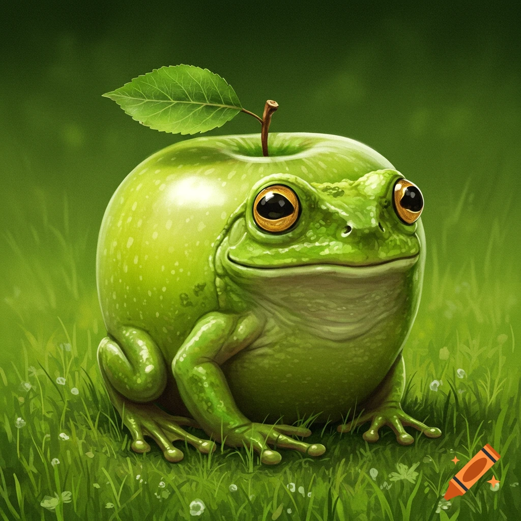 Illustration of a frog combined with a green apple, sitting in grass.